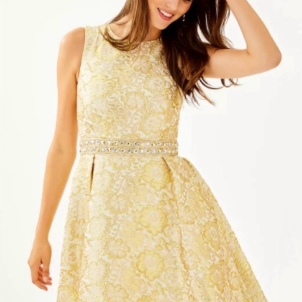 Lilly Pulitzer Women’s Levy Gold Jacquard Fit & Flare, Beaded Pockets Sz 2